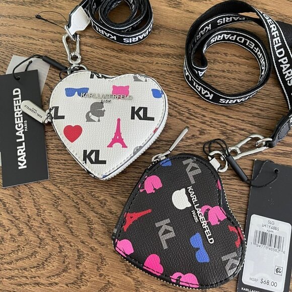 NEW! Karl Lagerfeld Heart Zip Coin Purse / Lanyard -Red/ Pink/ White/ Black - Picture 1 of 14